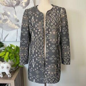 H&M Coat‎ Womens 10 Black Aztec Geometric Collarless Open Front Lined Overcoat